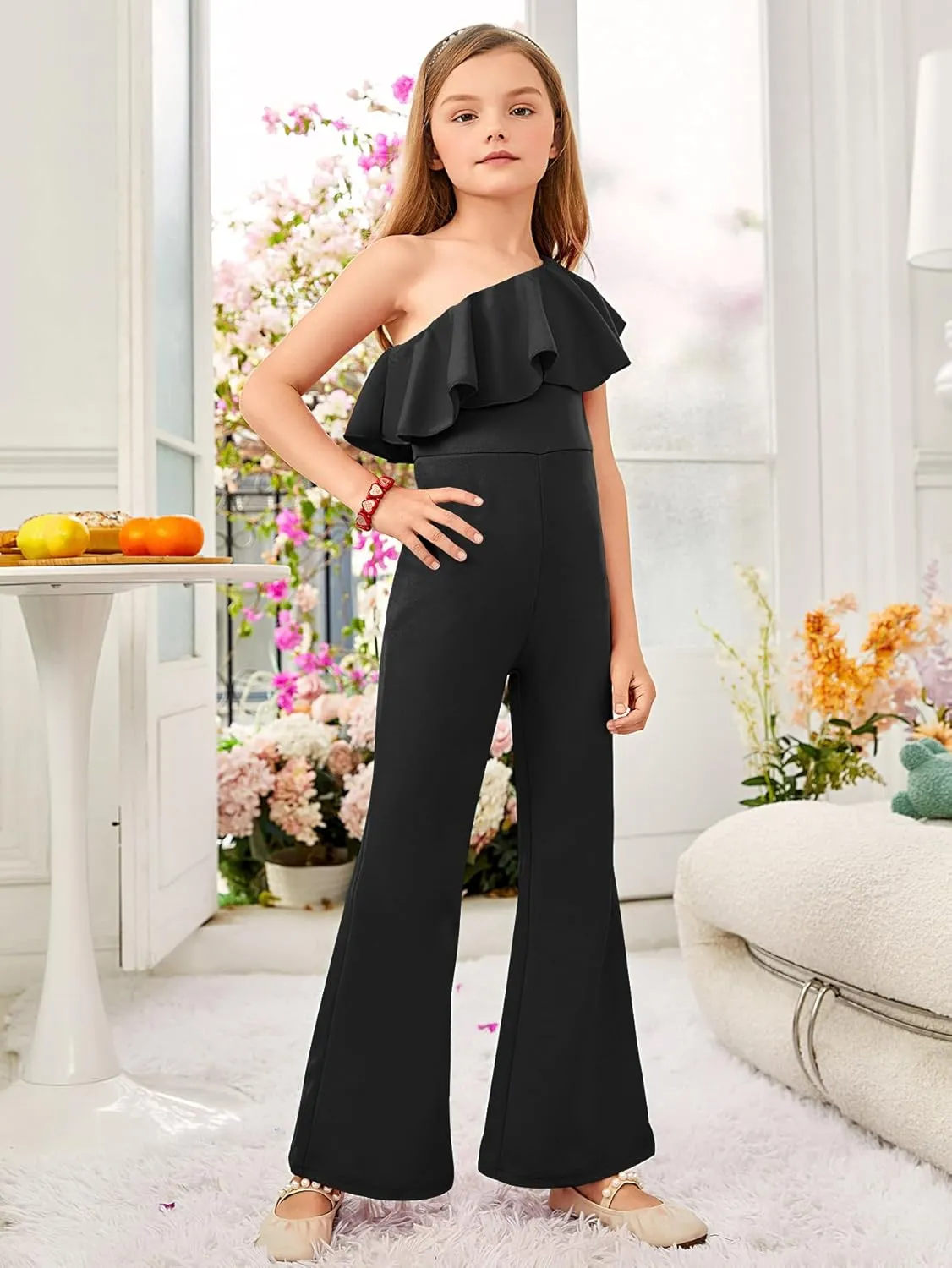 WDIRARA Girl's One Shoulder Ruffle Sleeveless Flare Bell Bottom Party Holiday Jumpsuit