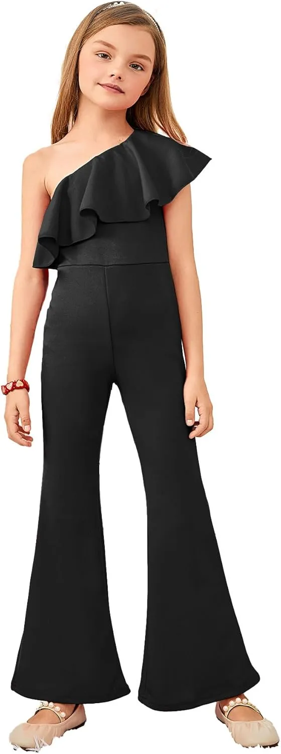 WDIRARA Girl's One Shoulder Ruffle Sleeveless Flare Bell Bottom Party Holiday Jumpsuit