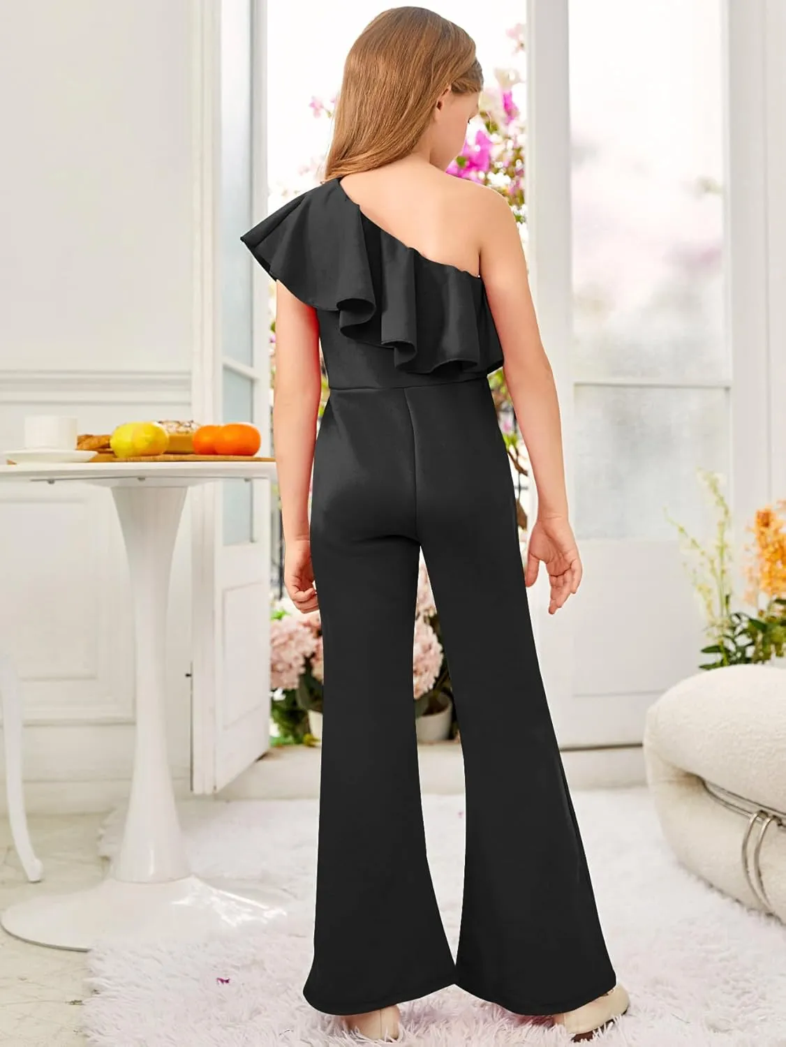 WDIRARA Girl's One Shoulder Ruffle Sleeveless Flare Bell Bottom Party Holiday Jumpsuit