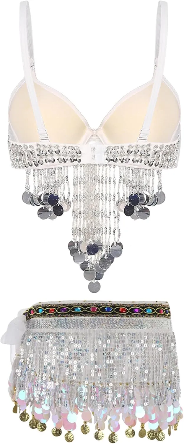 Women Belly Dance Costume Set Sequin Tassel Hip Scarf Skirt Crop Top Bra Top Bikini Top Rave Outfits