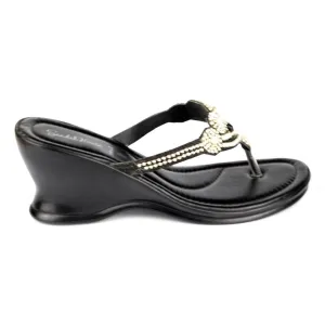 Womens Black Diamante Toe Post Wedge Sandal