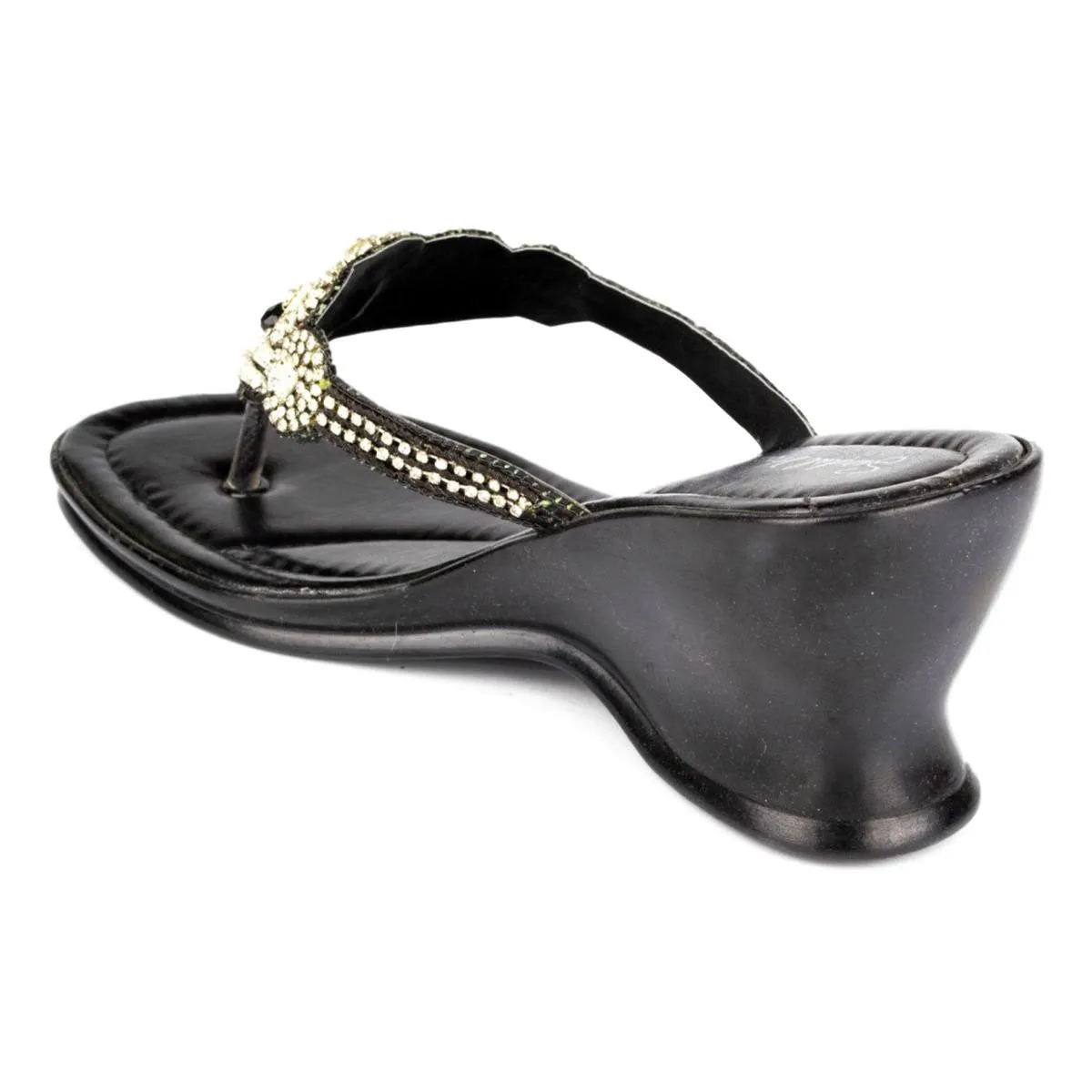 Womens Black Diamante Toe Post Wedge Sandal