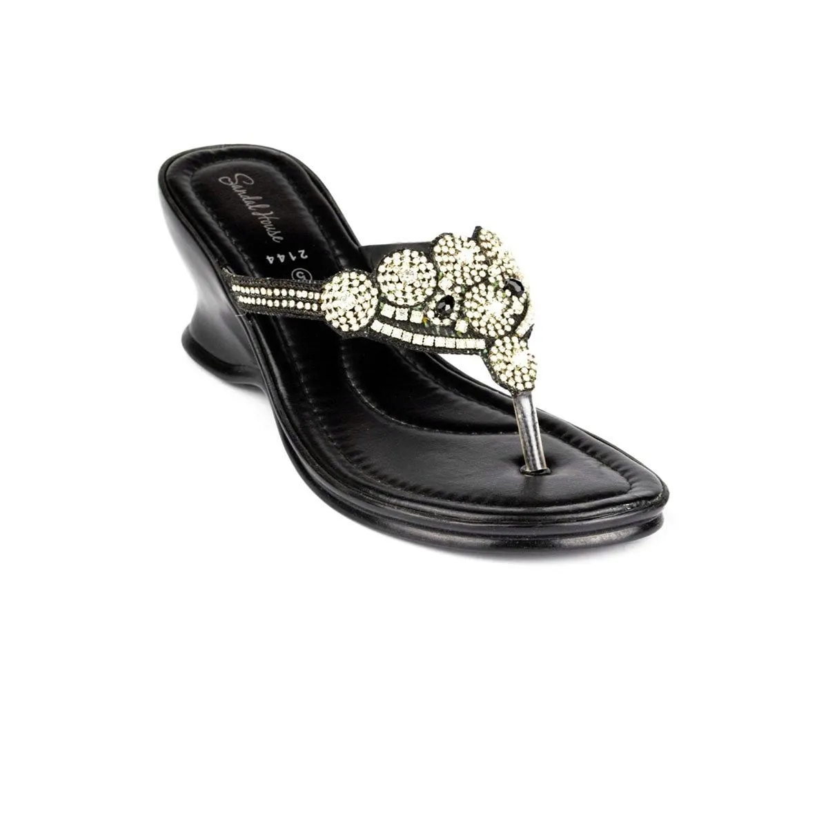 Womens Black Diamante Toe Post Wedge Sandal