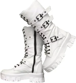 ZKXYFFS Women's Goth Ankle Booties - Chunky Heel Mid Calf Boots with Side Zip, Lace Up, Punk Rivet, Motorcycle Platform Design