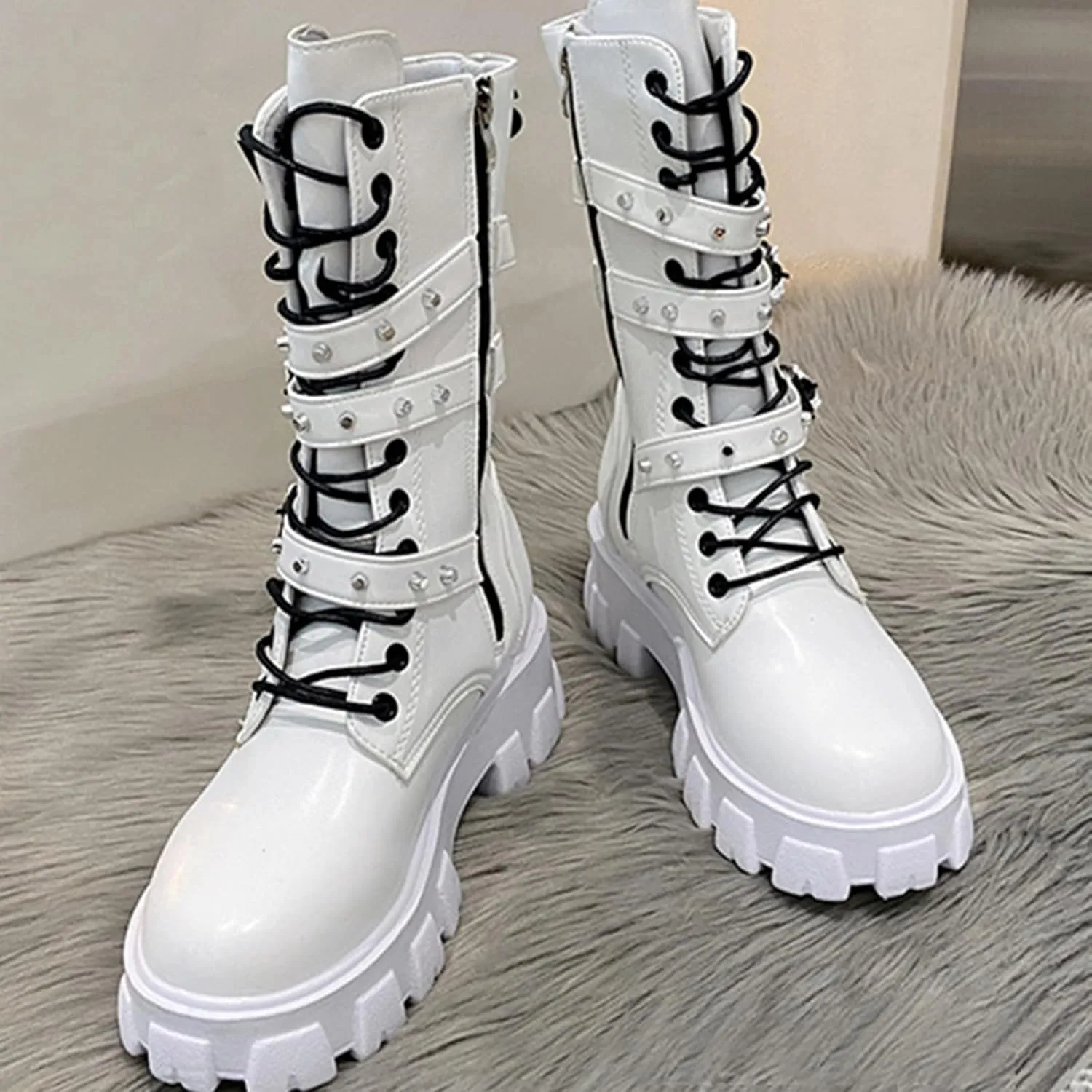 ZKXYFFS Women's Goth Ankle Booties - Chunky Heel Mid Calf Boots with Side Zip, Lace Up, Punk Rivet, Motorcycle Platform Design