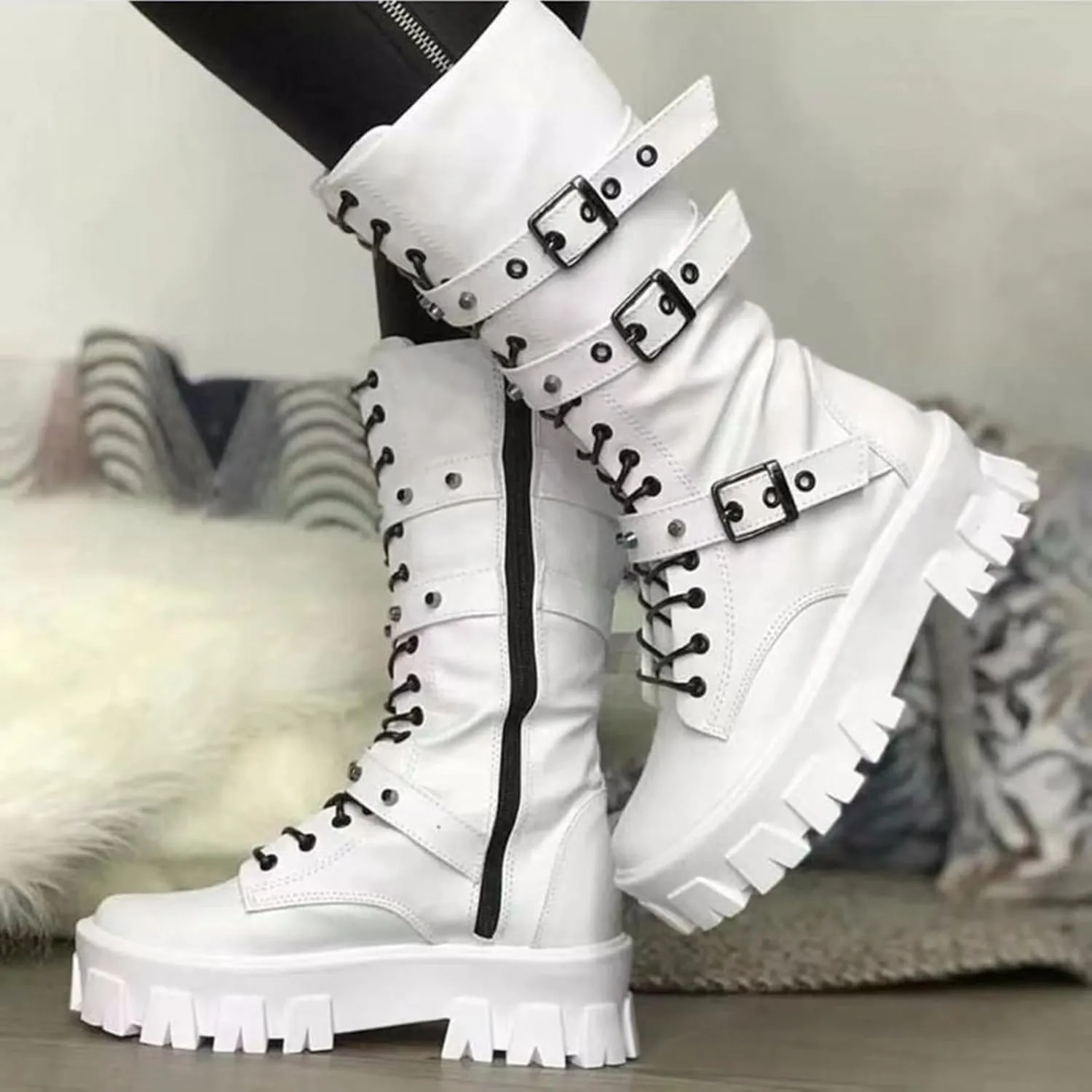 ZKXYFFS Women's Goth Ankle Booties - Chunky Heel Mid Calf Boots with Side Zip, Lace Up, Punk Rivet, Motorcycle Platform Design