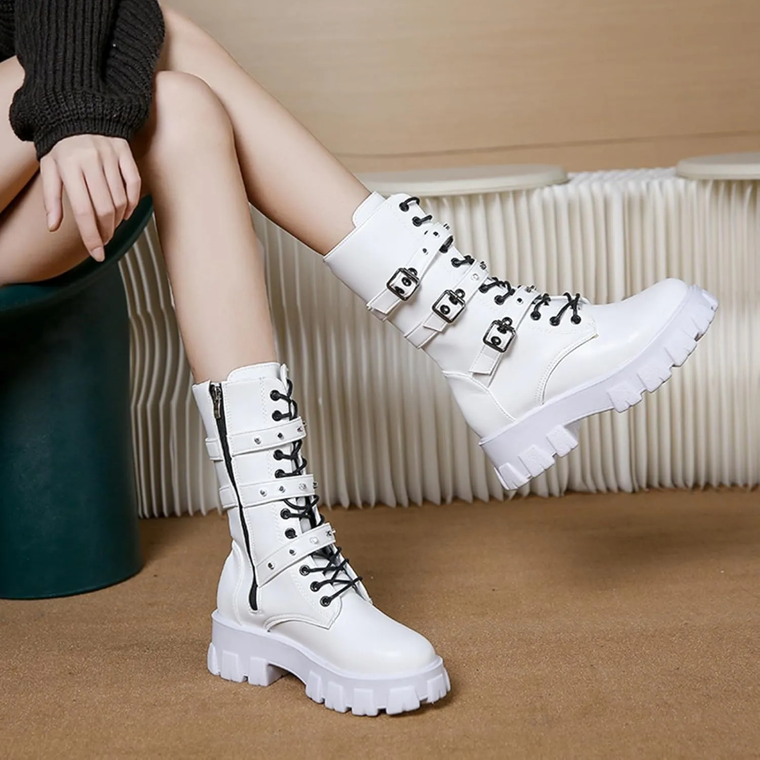 ZKXYFFS Women's Goth Ankle Booties - Chunky Heel Mid Calf Boots with Side Zip, Lace Up, Punk Rivet, Motorcycle Platform Design