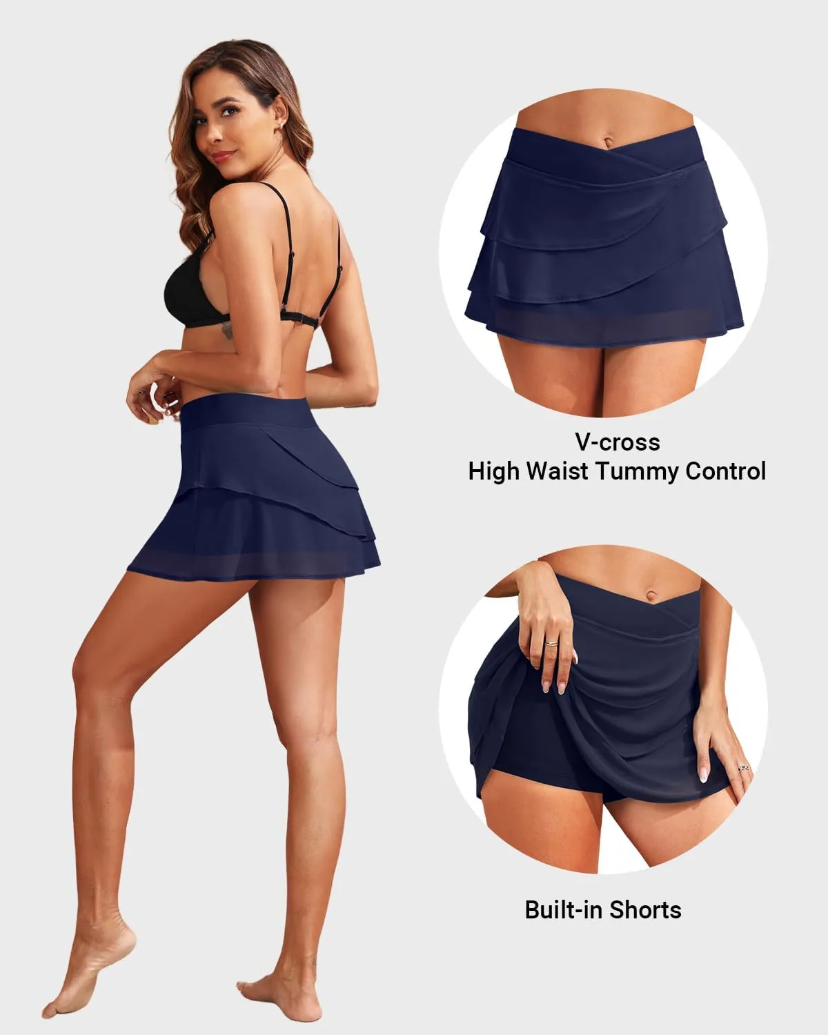 Zmart Women High Waisted Swim Skirt  V Cut Layer Ruffle Crossover Skorts Swimsuit Bathing Suit Bottoms with Shorts