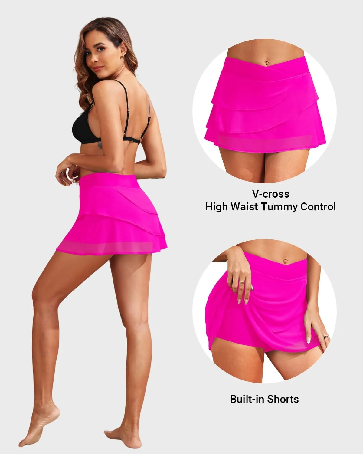 Zmart Women High Waisted Swim Skirt  V Cut Layer Ruffle Crossover Skorts Swimsuit Bathing Suit Bottoms with Shorts