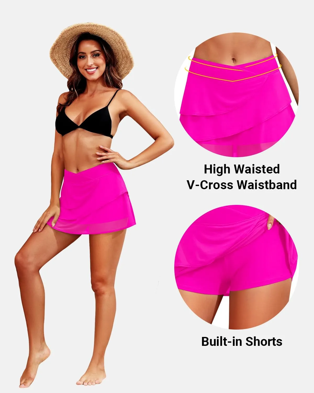Zmart Women High Waisted Swim Skirt  V Cut Layer Ruffle Crossover Skorts Swimsuit Bathing Suit Bottoms with Shorts