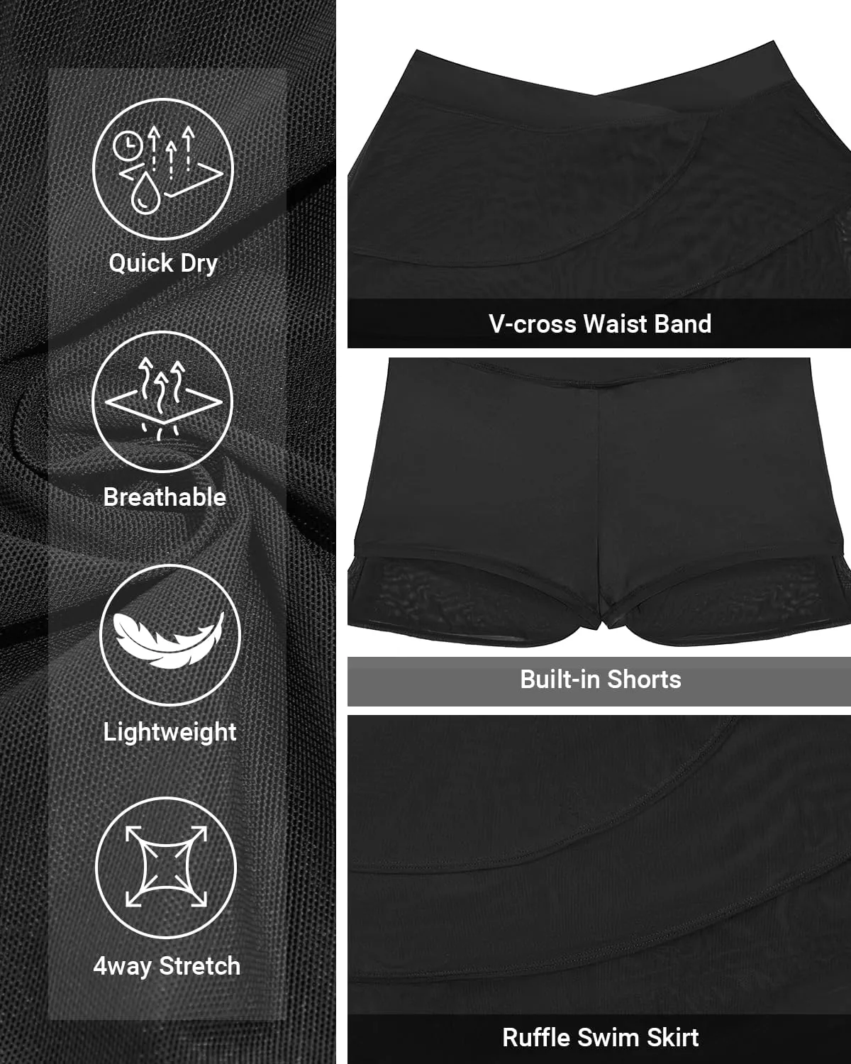 Zmart Women High Waisted Swim Skirt  V Cut Layer Ruffle Crossover Skorts Swimsuit Bathing Suit Bottoms with Shorts