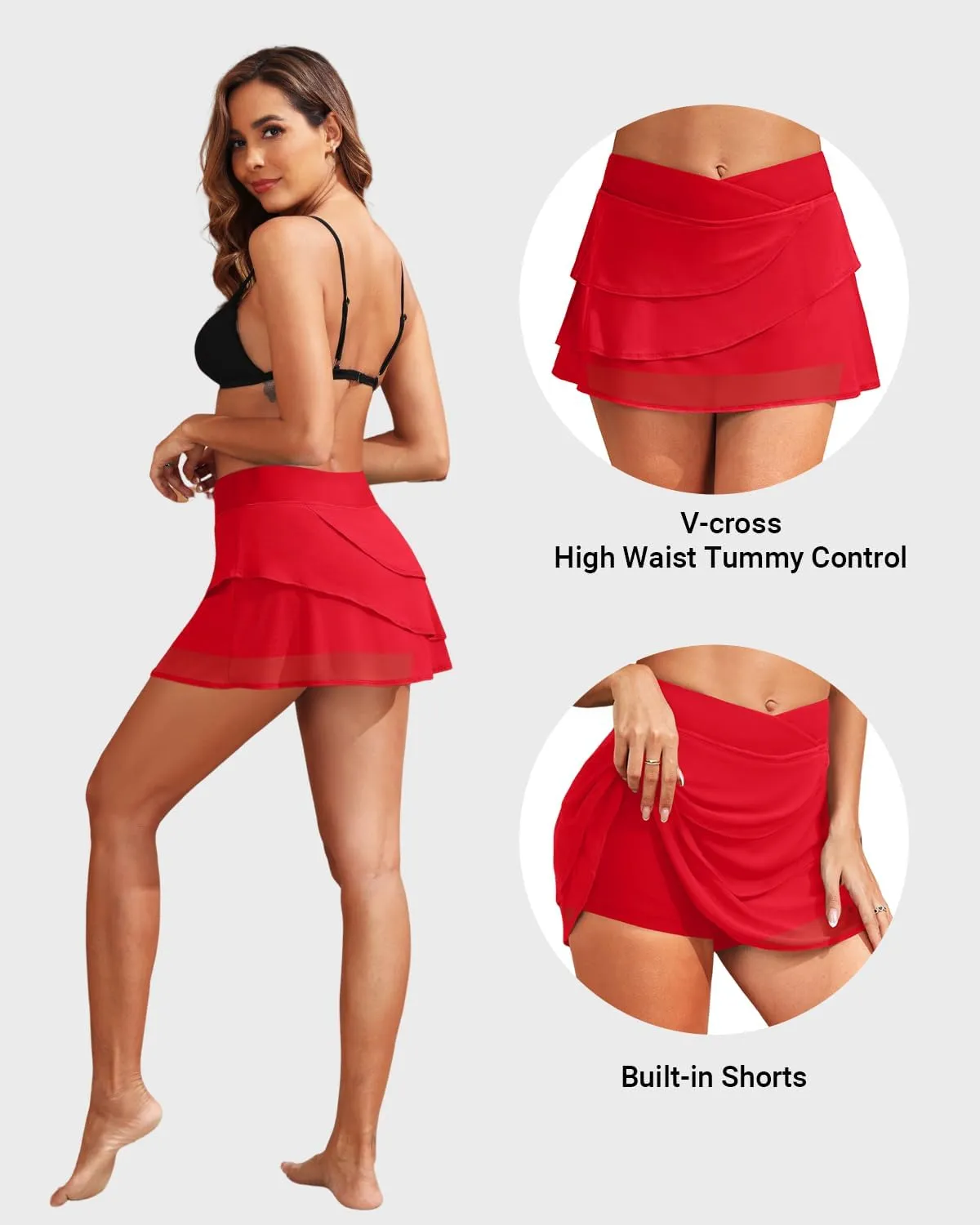 Zmart Women High Waisted Swim Skirt  V Cut Layer Ruffle Crossover Skorts Swimsuit Bathing Suit Bottoms with Shorts